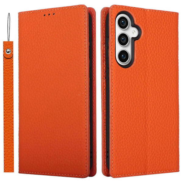 Til Samsung Galaxy S23 FE Cover Litchi Tekstur Ægte Ko Læder Telefon Cover med Rem Multicolor Style D