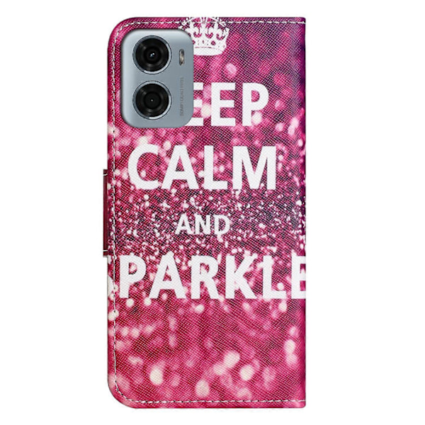 Læderetui med mønstertryk og krydset tekstur til Motorola Moto E15 4G/G05 4G Multicolor Keep Calm and Sparkle