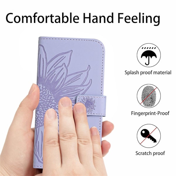 Til Samsung Galaxy A22 5g (EU Version) Ht04 Præget Solsikke Pu Læder Smartphone Cover Stativ Stødsikker Hud-venlig Telefon Wallet Etui Med Skulderrem Light Purple