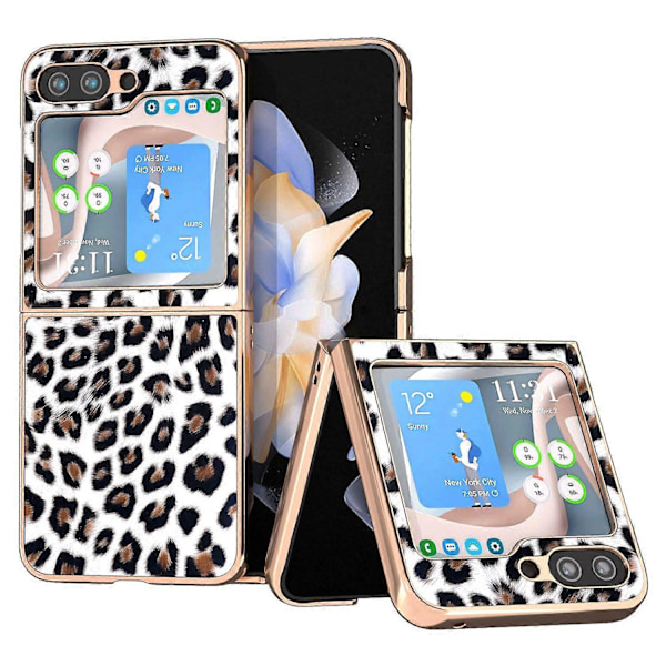 For Samsung Galaxy Z Flip5 5G Leopardmønster Telefondeksel PU Lær+PC Elektroplettert Deksel Multicolor Style C