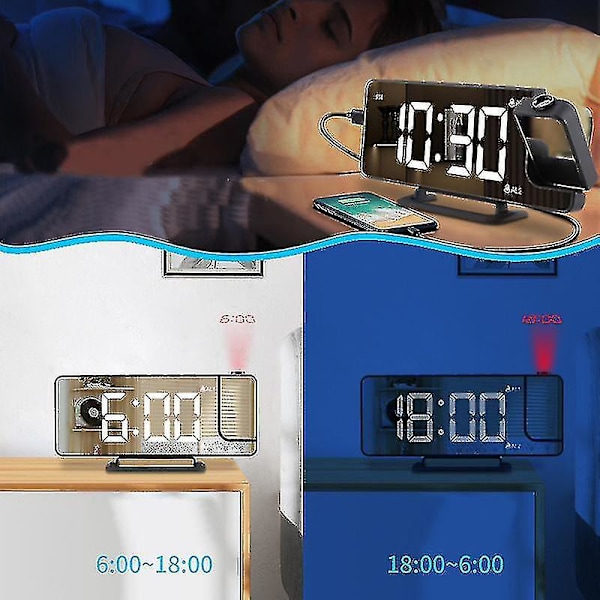 Multifunktionelt Digitalt Vækkeur, LED Projektionsur, Automatisk Lysfølsomt Elektronisk Ur Med USB Opladning