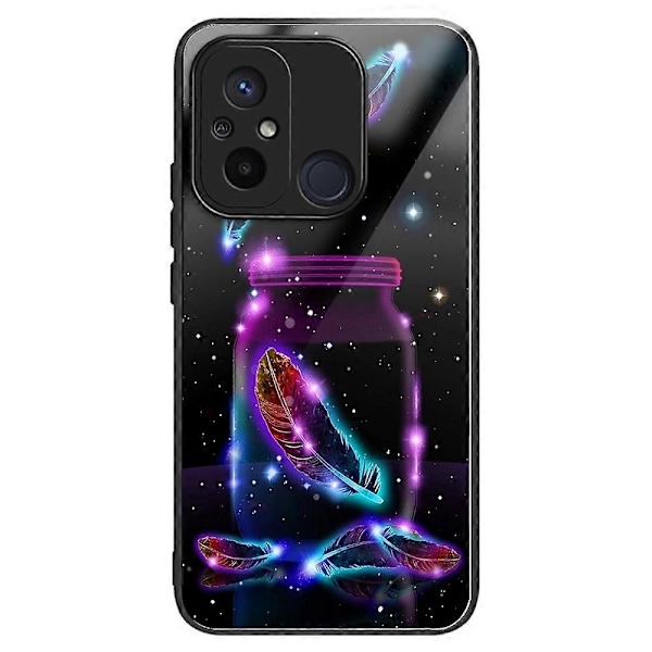 Telefoncover til Xiaomi Redmi 12C 4G, resistent TPU+hærdet glas, mønsterdesign Multicolor Fluorescent Feather