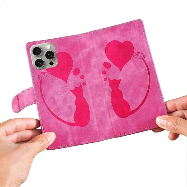 Til iPhone 16 Pro Max Cover Hjerte Kat Foldbart Stativ PU Læder Telefon Cover - Grøn Multicolor Rose