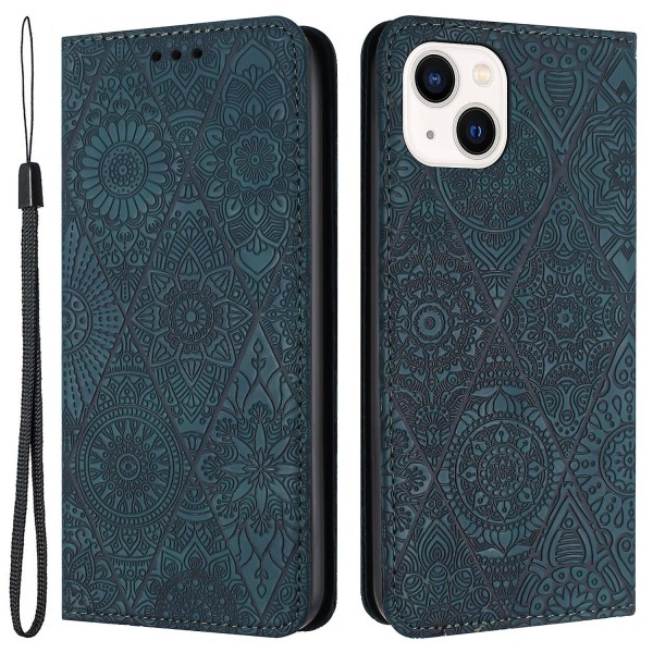 Wallet Case til iPhone 15 Plus Foldbart Stativ PU Læder Retro Blomsterpræget Telefoncover Green