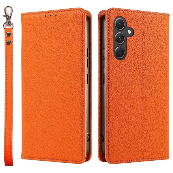 Til Samsung Galaxy A56 5G Etui Magnetisk Litchi Tekstur Tegnebog Læder Telefon Cover med Håndledsrem Multicolor Orange