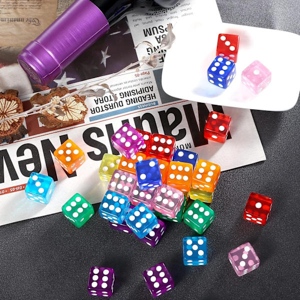 Nya 40 stycken färgglada tärningar (6-sidig, 16 mm) genomskinlig set för spel