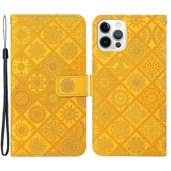 Læder Wallet Case til iPhone 15 Pro, Præget Blomster Folio Flip Stand Telefon Cover Yellow