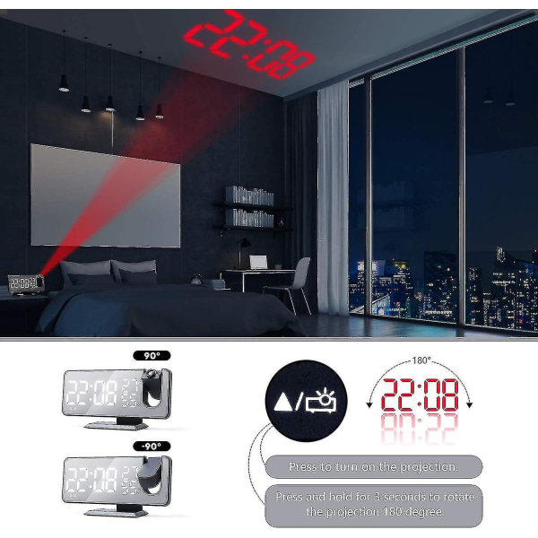 Projektion Digital Vækkeur Til Soveværelser, Radio Vækkeur Med Projektion På Loft, Dobbelte Alarmer, USB Opladerport, Temperatur & Fugtighedsdisplay