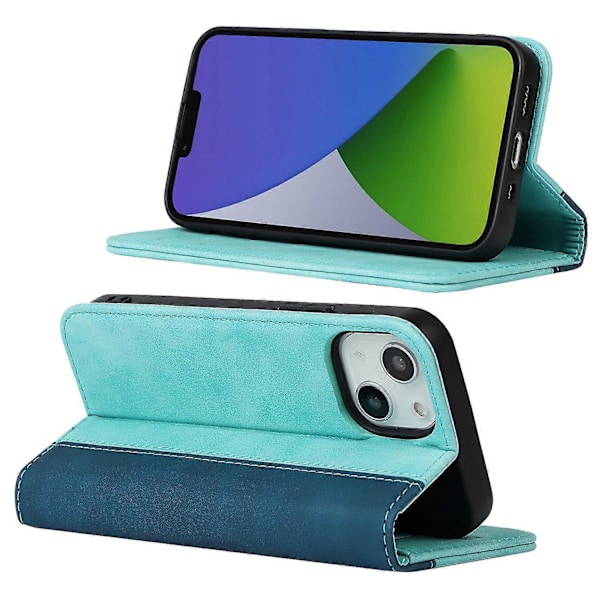 iPhone 15 Plus PU-nahkainen puhelinkotelo, kaksivärinen liitos, naarmuuntumaton, jalustallinen lompakkokotelo Multicolor Style D