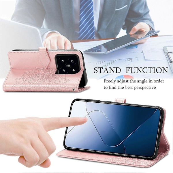 Til Xiaomi 14T Pro Etui Mandala Præget Design Læder Wallet Telefon Cover - Grå Multicolor Rose Gold