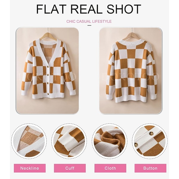 Dame Plaid V-hals Knap Ned Langærmet Kabelstrikket Oversized Cardigan Sweater Toppe Brown Medium