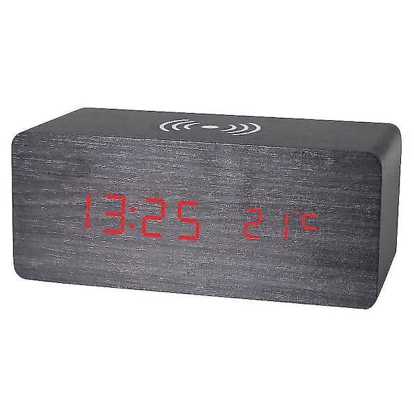 Trä Digital Väckarklocka Fm Radio,10w Snabb Trådlös Laddningsstation För Iphone/Samsung Galaxy,5 Level Dimmer, USB Laddningsport,2 Wake Up Sounds,bedr Red Grey