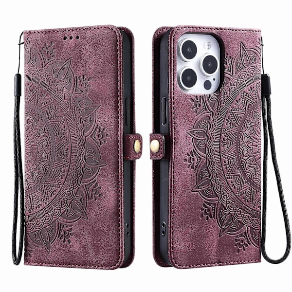 Stil 016 Skinnfodral för iPhone 16 Pro Max med Totemtryck och Plånboksfunktion - Svart Multicolor Wine Red