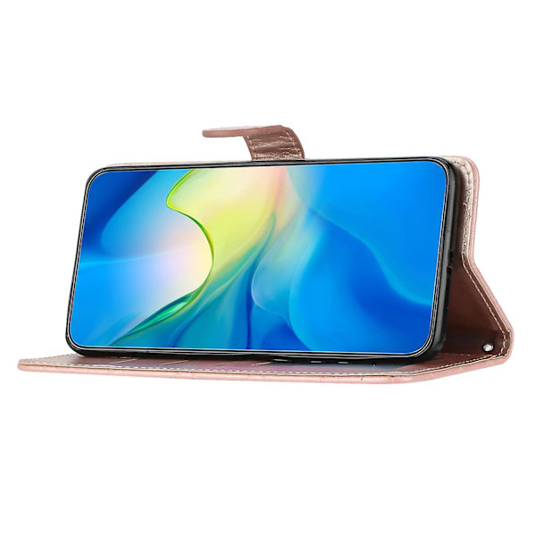 Stødsikkert Rhombus Syning Læder Etui med Pung og Støttefod til iPhone 15 Pro Rose Gold