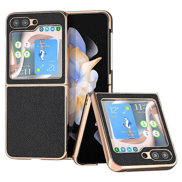 För Samsung Galaxy Z Flip5 5G Mobilskal Äkta Koläder+PC Nano Elektroplätering Skydd Multicolor Style A