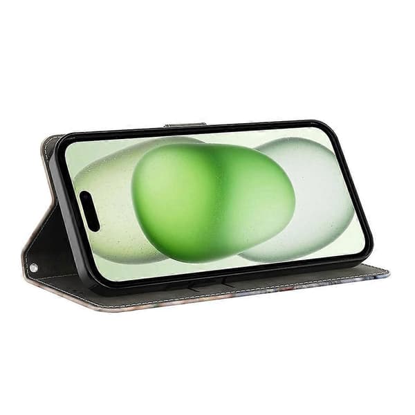 Plånboksfodral för iPhone 15, 3D-mönster tryckt läder flipfodral Multicolor Style E