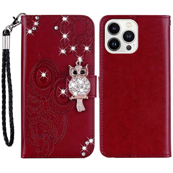 För iPhone 15 Pro Fodral Strass Uggla Tryckt PU Läder Ställ Plånbok Telefonskal Multicolor Style F