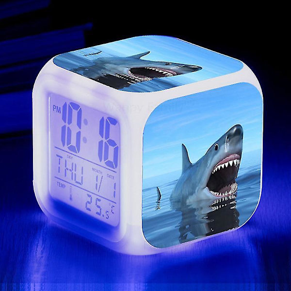 Shark Alarm Clock 7-färgad glödande digitala klockor Barn Baby Sovrum Multifunktion Små nattljus B Gray