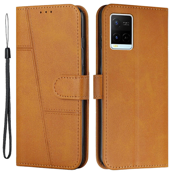 For Vivo Y33s / Y21s / Y21 Sammenleggbart Stativ Sydd Pu-Lærveske Stativ Magnetisk Lukking Støtsikker Flip Folio Bokdeksel Med Stropp Yellow