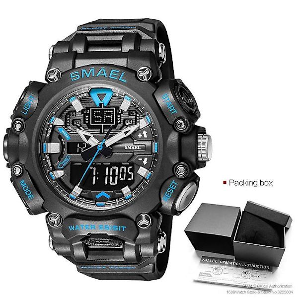 Smael Dual Time Led Digital Watch For Herr 50m Vattentät Chronograph Quartz Watches Orange Militär Sport Elektroniskt Armbandsur Black blue-Box