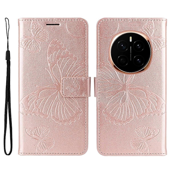 Fodral för Honor Magic7 5G, fjäril i läder, mobilskal - Roséguld