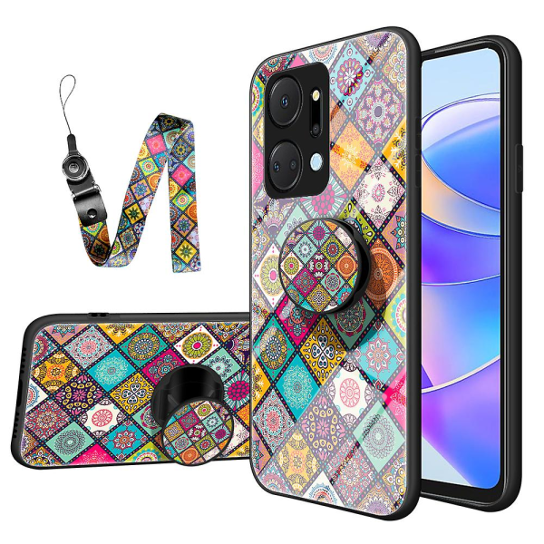 Flower Pattern Phone Case For Honor X7a 5g, Kickstand Pc+tpu+härdat glas Cover med snodd Checkered Pattern