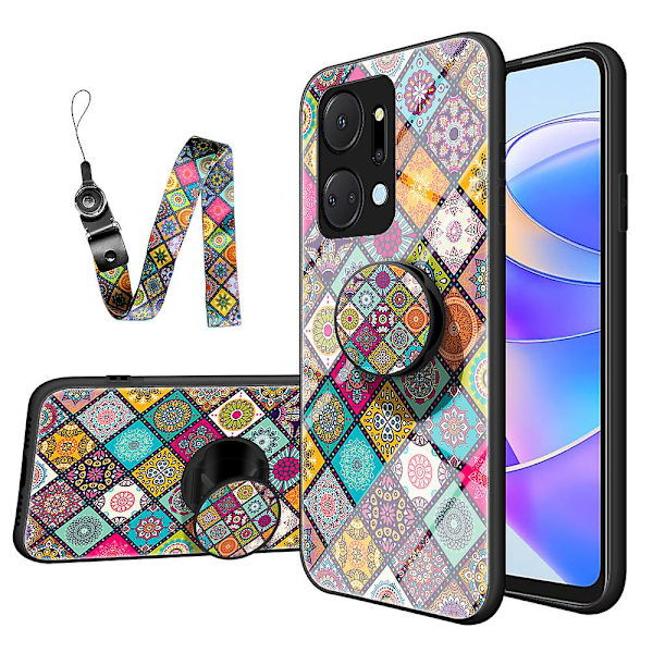 Kukkakuvioinen puhelinkotelo Honor X7a 5g:lle, jalustallinen PC+TPU+karkaistu lasi -puhelinkuori kaulanauhalla Checkered Pattern