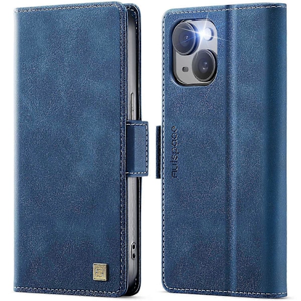 iPhone 13 6.1 tuuman kotelolle AUTSPACE A11 RFID-suojattu retro nahkainen matkapuhelinlompakkokotelo- Multicolor Blue