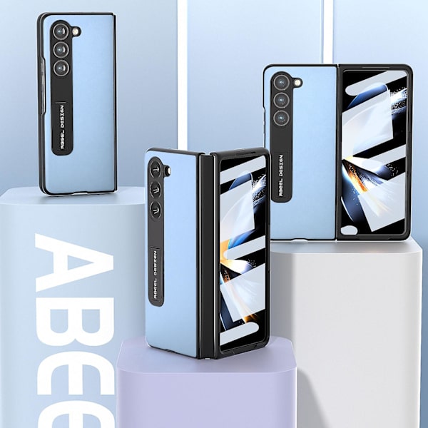 Til Samsung Galaxy Z Fold5 5g Tekstureret Pu Læderbelagt Pc Etui Støtteben Foldbart Telefoncover Blue