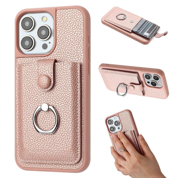 iPhone 15 Pro -kotelo, korttipaikat, nahkainen takakansi ja rengaspidike Multicolor Style B
