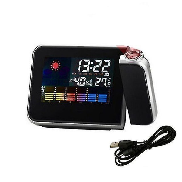 Farveskærm Kalender LED Digital Display Vækkeur Temperatur Termometer Projektor Sort