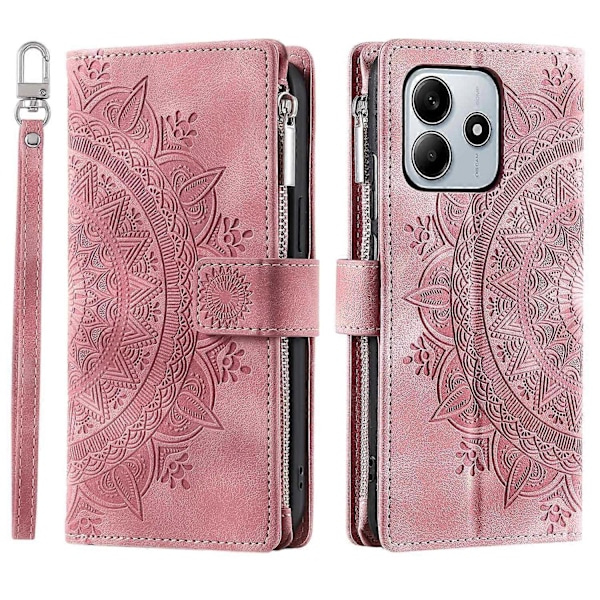 Style 006 til Xiaomi Redmi Note 14 5G Wallet Case PU Læder Telefon Cover Mandala Blomster Mønster - Grå Multicolor Rose Gold