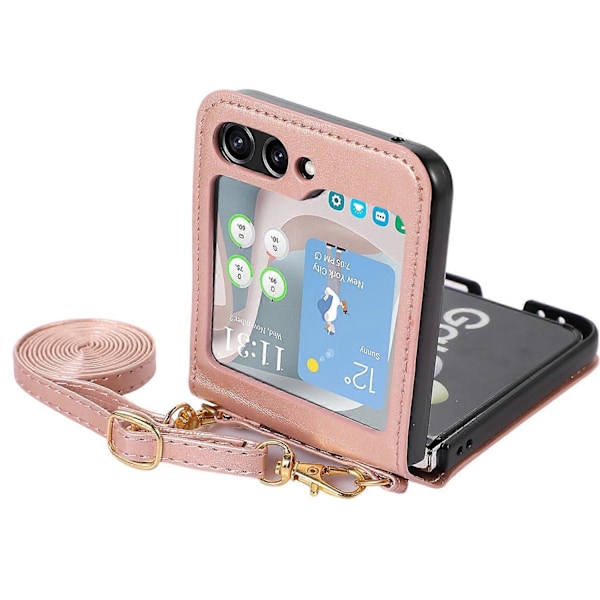 Til Samsung Galaxy Z Flip5 5G PU Læder PC Telefon Cover Beskyttelsesetui med Skulderrem Multicolor Style C