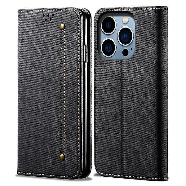 För Iphone 15 Pro Pu Läder Phone case Jeans Tyg Texture Plånboksställ anti-scratch Cover Black