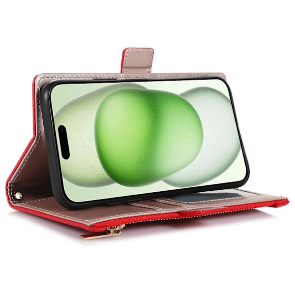 Fodral till iPhone 15 Plus med dragkedjeficka, PU-läder med litchistruktur och rem Multicolor Style F