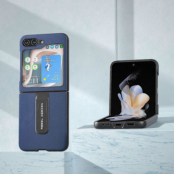 Til Samsung Galaxy Z Flip5 5G Støtteben Nappa Tekstur Etui Ægte Koskindslæder+PC Telefoncover Multicolor Style A