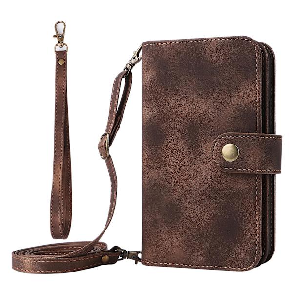Til Iphone 14 Pro Max Anti-drop Telefon Cover Stativ Lynlåslomme Læder Telefonpung Cover Med Stropper Brown