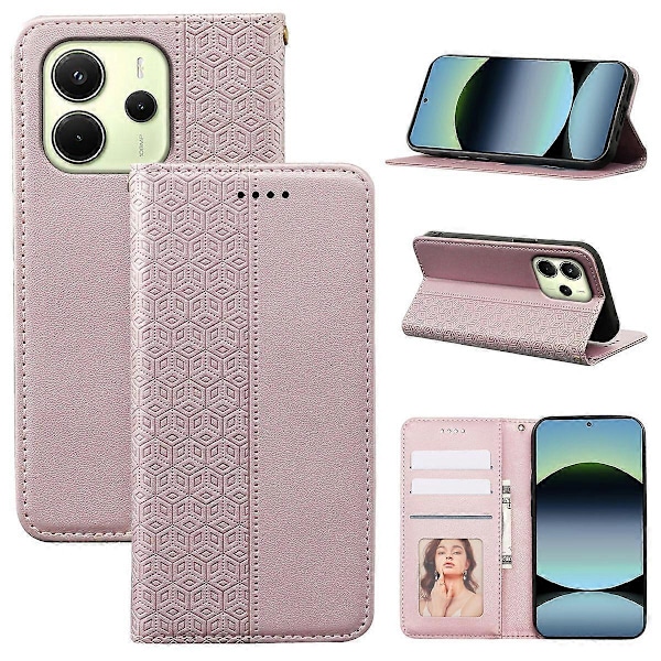Plånboksfodral för Xiaomi Redmi Note 14 4G, Stark Magnetisk Rutigt Mönster Präglat Läder Flip Multicolor Rose Gold