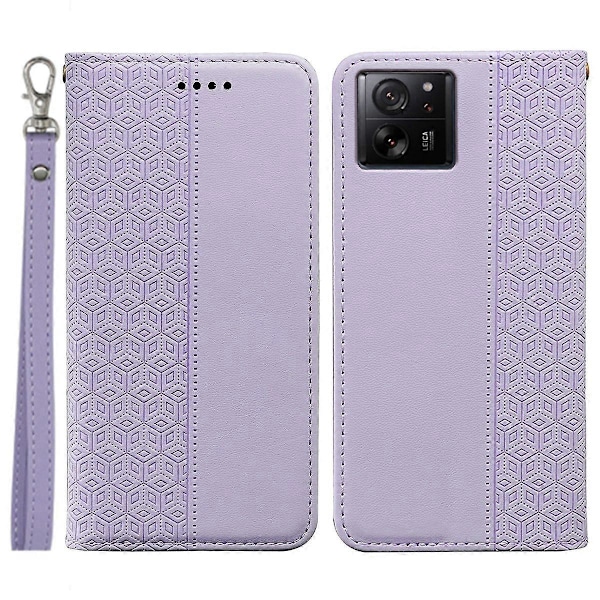 För Xiaomi 14T Plånboksfodral Stark Magnetisk Rutmönstrad Prägling Läder Flip Cover - Grön Multicolor Purple