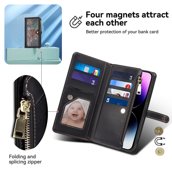RFID-suojattu puhelinkotelo iPhone 15 Pro Maxille, vetoketjutasku PU-nahkainen jalustallinen lompakkokotelo Black