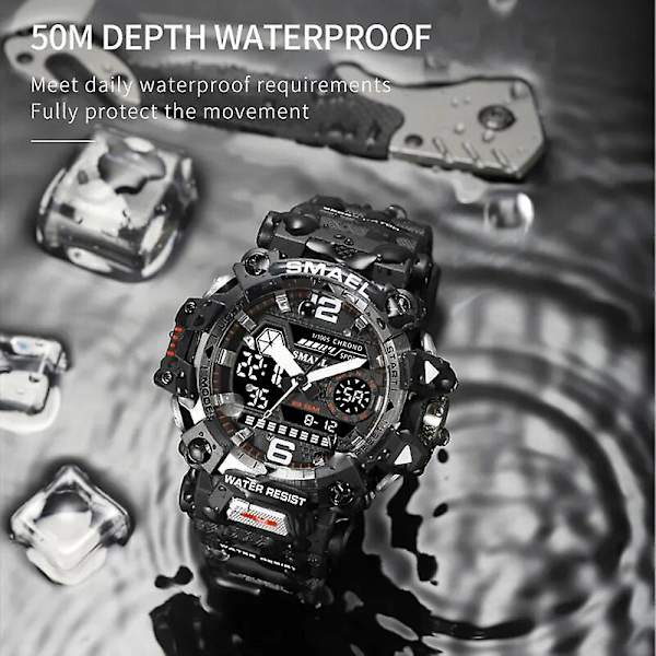 Smael Herrklockor 50m Vattentät Watch Military Man Watch Digital 8072 Dual Display Watch Quartz Led Digital ARMYGREEN