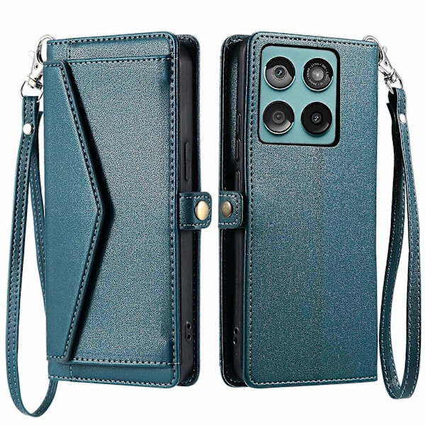 Læderetui med håndledsrem, pung og stativ til Motorola Edge 60 5G/ 60 Fusion 5G Multicolor Blackish Green