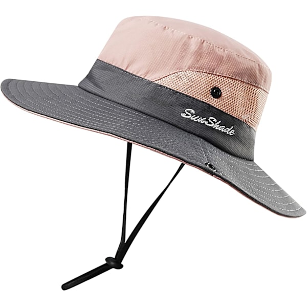 Utomhus UV-skydd Vikbara solhattar Mesh Bred brättad strandfiskehatt med hästsvanshål (rosa)
