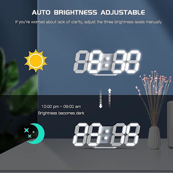 3D LED digital väggklocka Stor lysande väckarklocka Ljudfri snoozefunktion Justerbar ljusstyrka