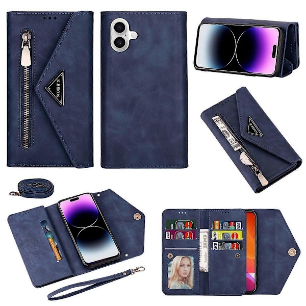N.BEKUS Fodral till iPhone 16, Plånboksfodral i Läder med Remmar - Svart Multicolor Blue