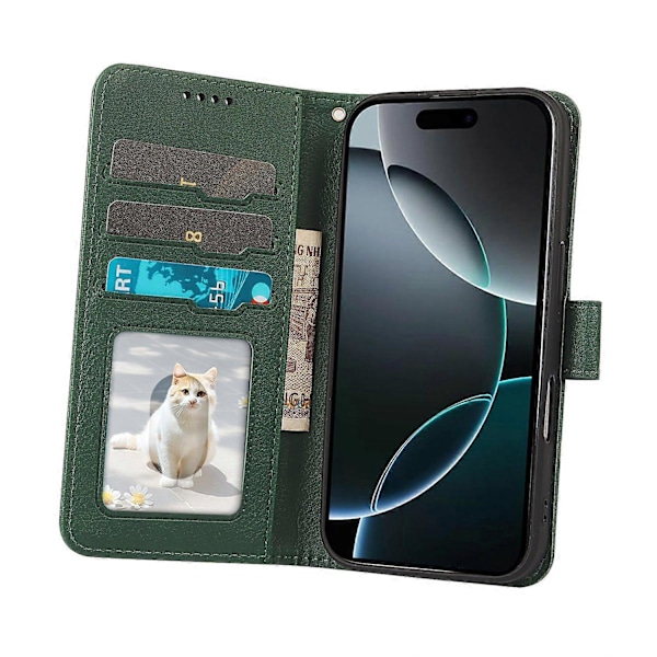 Læderetui med pung, stativ og magnetlukning til iPhone 16 Pro Max Multicolor Green