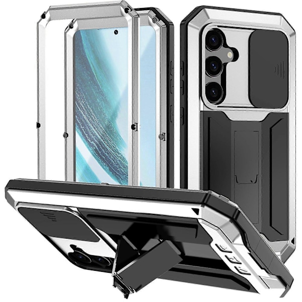 R-JUST Skal för Samsung Galaxy S24+ PC+Silikon+Metall Ställ Multicolor Silver