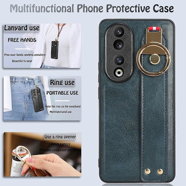 Honor 90 Rannekoru Jalusta Puhelinkotelo PU Nahka+PC+TPU Suojus Pullonavaajalla - Vihreä Multicolor Blue