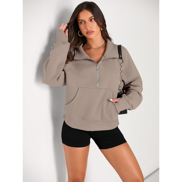 Dame Sweatshirts Halv Lynlås Cropped Pullover Fleece Kvart Lynlås Hættetrøjer Efterårsoutfits Tøj Tommelfingerhul Coffeegrey Large