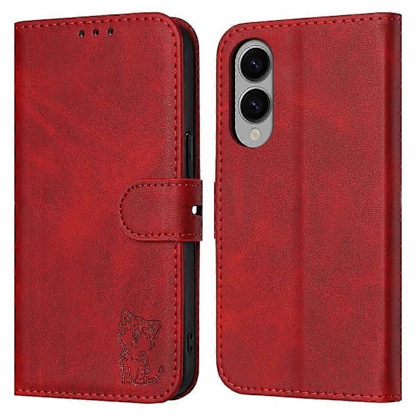 Til Samsung Galaxy S25 Edge Etui Glad Kat Mønster Præget Læder Wallet Telefon Cover Multicolor Red